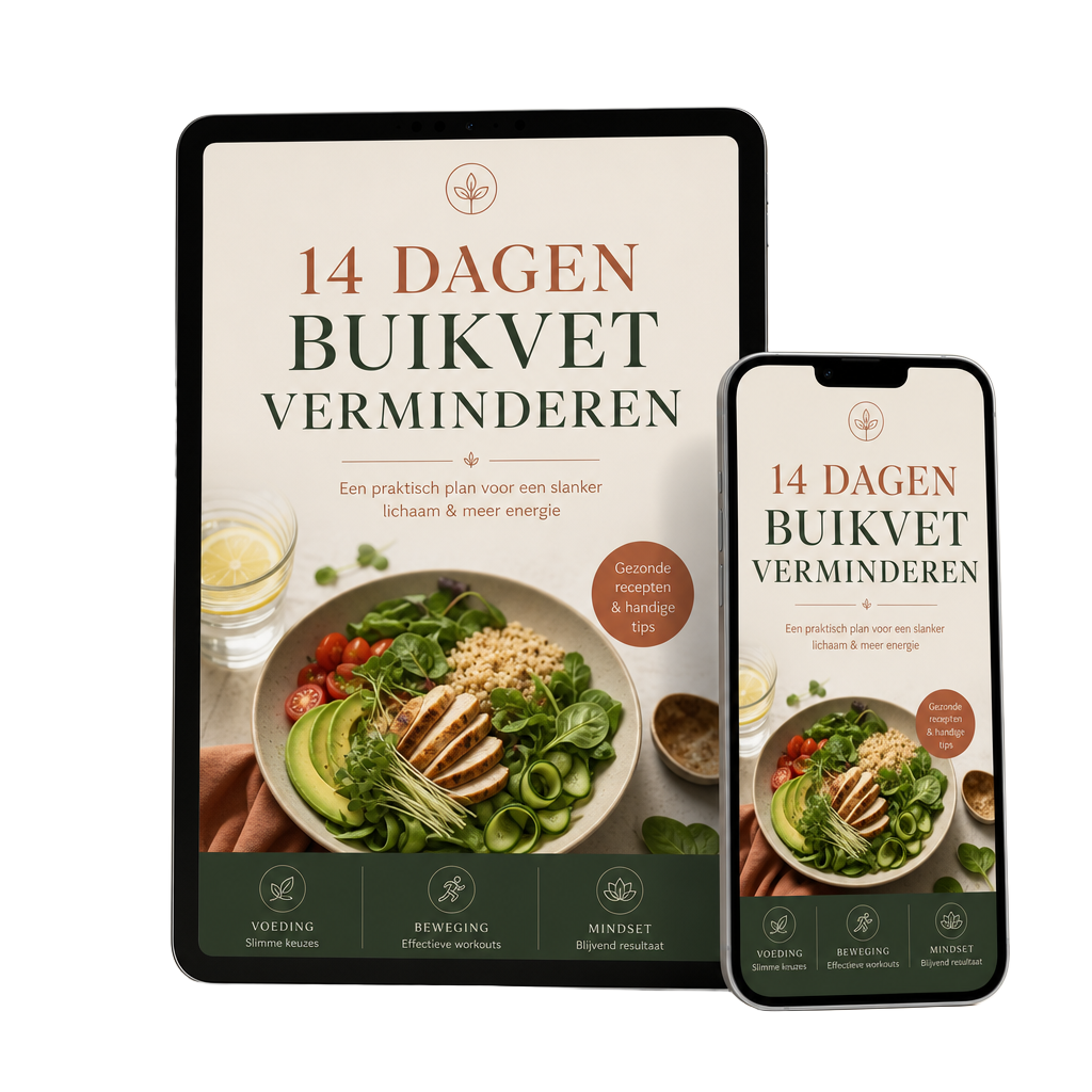 Ebook 14 Dagen Buikvet Verminderen weergegeven op een tablet en telefoon